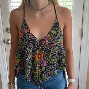 Black flowered crop top tank